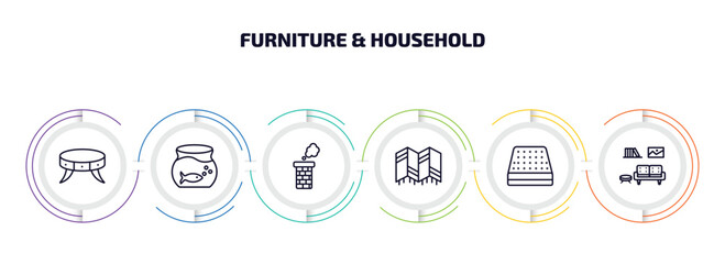 Poster - furniture & household infographic element with outline icons and 6 step or option. furniture & household icons such as coffee table, fish bowl, chimney, room divider, mattress, livingroom vector.
