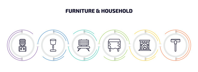 Poster - furniture & household infographic element with outline icons and 6 step or option. furniture & household icons such as water dispenser, lamps, bench, table linens, fireplace, carpet sweeper vector.