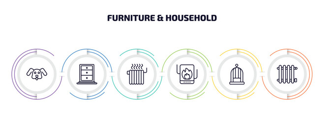 Poster - furniture & household infographic element with outline icons and 6 step or option. furniture & household icons such as dog, cabinet, heating, heating unit, bird cage, radiator vector.
