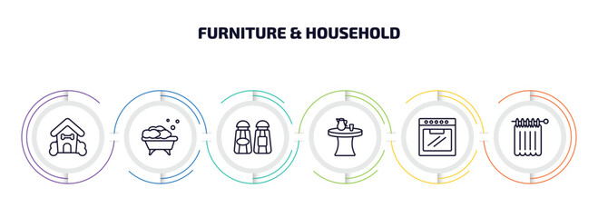 Poster - furniture & household infographic element with outline icons and 6 step or option. furniture & household icons such as pet house, bath, salt and pepper shakers, kitchen table, oven, shower curtain