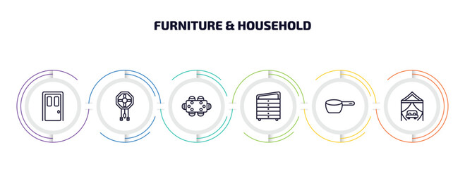 Wall Mural - furniture & household infographic element with outline icons and 6 step or option. furniture & household icons such as door, adornment, dining table, davenport, small saucepan, canopy bed vector.