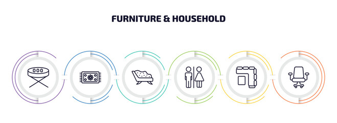 Poster - furniture & household infographic element with outline icons and 6 step or option. furniture & household icons such as card table, rug, divan, wc, corner sofa, desk chair vector.
