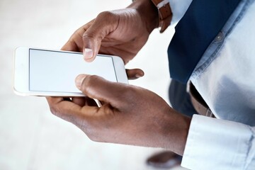 Poster - Black man hands, blank phone screen and digital business communication on 5g connection. Writing, social media scroll and email typing corporate employee networking online on technology and internet