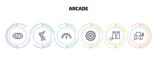 Wall Mural - arcade infographic element with outline icons and 6 step or option. arcade icons such as video console, jump, speedometer, roulette, bottles ball, cinema seat vector.