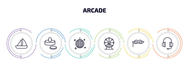 Poster - arcade infographic element with outline icons and 6 step or option. arcade icons such as sailing boat, air hockey, nightclub, ferris wheel, masquerade, earphone vector.