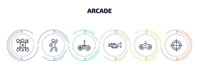 Poster - arcade infographic element with outline icons and 6 step or option. arcade icons such as tic tac toe, dance, game, soprano, super, shooter vector.