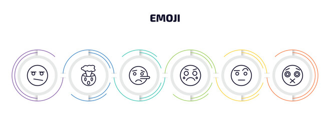 Poster - emoji infographic element with outline icons and 6 step or option. emoji icons such as bored emoji, exploding head liar cry sceptic silent vector.
