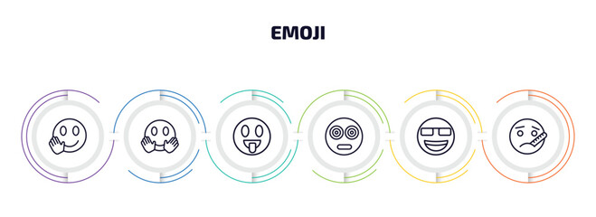 Poster - emoji infographic element with outline icons and 6 step or option. emoji icons such as hello emoji, 