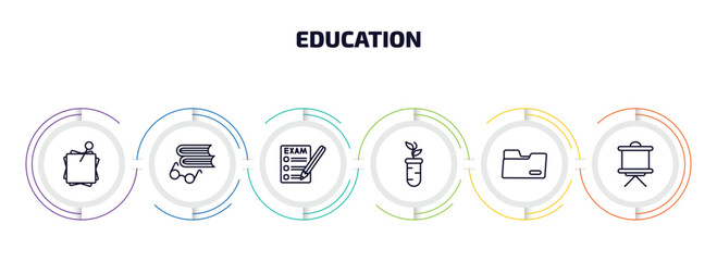 education infographic element with outline icons and 6 step or option. education icons such as stick