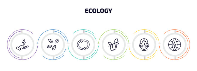 Poster - ecology infographic element with outline icons and 6 step or option. ecology icons such as save energy, seeds, recycle arrows, olives on a branch, recycling, eco energy power vector.