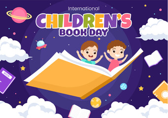 Wall Mural - International Children's Book Day on April 2 Illustration with Kids Reading or Writing Books in Flat Cartoon Hand Drawn for Landing Page Templates