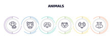 Animals Infographic Element With Outline Icons And 6 Step Or Option. Animals Icons Such As Elephant On A Ball, Tiger, Male Sheep, Skunk, Hyena, Hippopotamus Vector.