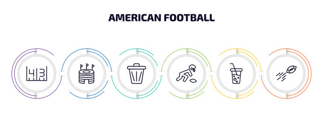 Poster - american football infographic element with outline icons and 6 step or option. american football icons such as yard marking, stadium cylinder, trash can, picking the ball, soda, ball on flight