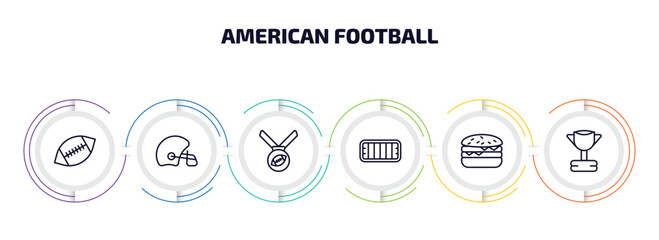 Aufkleber - american football infographic element with outline icons and 6 step or option. american football icons such as american football, helmet, medal, mark, hamburger, trophy vector.