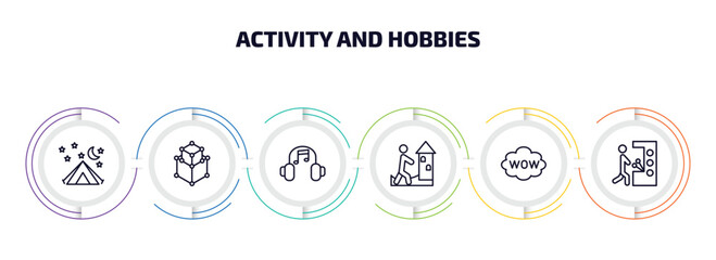 Poster - activity and hobbies infographic element with outline icons and 6 step or option. activity and hobbies icons such as camp, modeling, listening music, sand art, comic, pachinko vector.