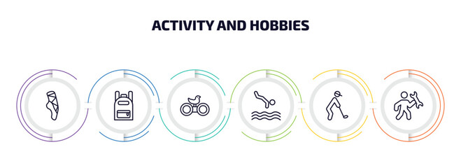Aufkleber - activity and hobbies infographic element with outline icons and 6 step or option. activity and hobbies icons such as ballerina, backpacks, bird watching, jumping to the water, golf playing,
