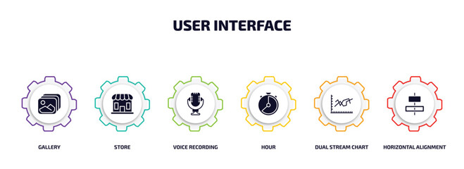 Poster - user interface infographic element with filled icons and 6 step or option. user interface icons such as gallery, store, voice recording, hour, dual stream chart, horizontal alignment vector.