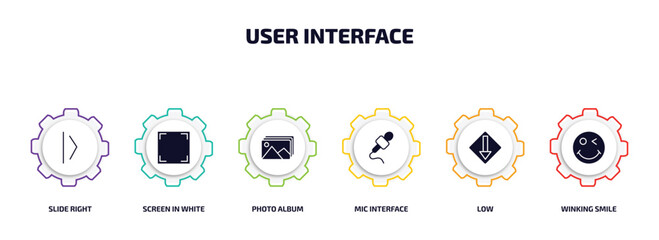 Poster - user interface infographic element with filled icons and 6 step or option. user interface icons such as slide right, screen in white, photo album, mic interface, low, winking smile vector.