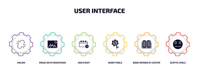 Poster - user interface infographic element with filled icons and 6 step or option. user interface icons such as unlink, image with mountains, add event, work tools, book opened at center, sceptic smile