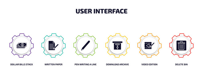 Poster - user interface infographic element with filled icons and 6 step or option. user interface icons such as dollar bills stack, written paper, pen writing a line, download archive, video edition, delete