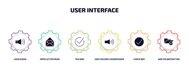 Poster - user interface infographic element with filled icons and 6 step or option. user interface icons such as loud audio, open letter read email, tick box, high volume loudspeaker, check box, add folder