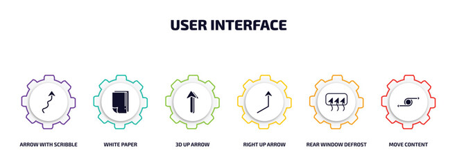 Poster - user interface infographic element with filled icons and 6 step or option. user interface icons such as arrow with scribble, white paper, 3d up arrow, right up arrow, rear window defrost, move