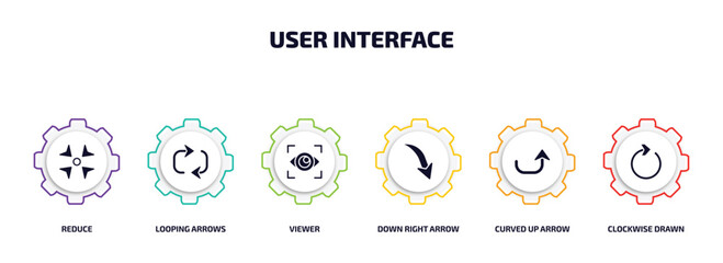 Poster - user interface infographic element with filled icons and 6 step or option. user interface icons such as reduce, looping arrows, viewer, down right arrow, curved up arrow, clockwise drawn arrow