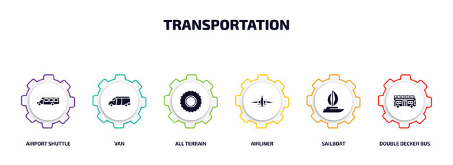 Poster - transportation infographic element with filled icons and 6 step or option. transportation icons such as airport shuttle, van, all terrain, airliner, sailboat, double decker bus vector.