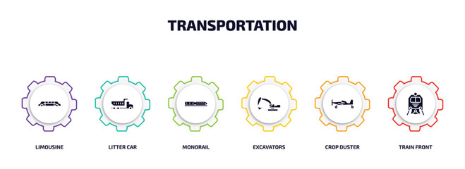 Poster - transportation infographic element with filled icons and 6 step or option. transportation icons such as limousine, litter car, monorail, excavators, crop duster, train front vector.