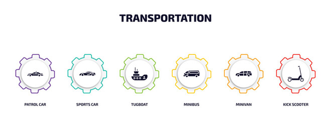 Poster - transportation infographic element with filled icons and 6 step or option. transportation icons such as patrol car, sports car, tugboat, minibus, minivan, kick scooter vector.