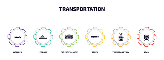 Poster - transportation infographic element with filled icons and 6 step or option. transportation icons such as wrecker, pt boat, car frontal view, truck, tram front view, tram vector.