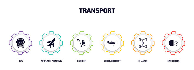 Poster - transport infographic element with filled icons and 6 step or option. transport icons such as bus, airplane pointing up, carrier, light aircraft, chassis, car lights vector.