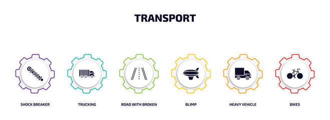 Poster - transport infographic element with filled icons and 6 step or option. transport icons such as shock breaker, trucking, road with broken lines, blimp, heavy vehicle, bikes vector.