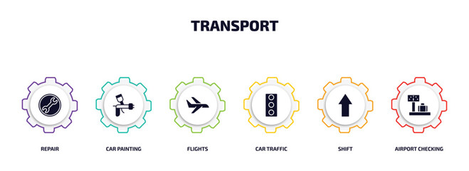 Poster - transport infographic element with filled icons and 6 step or option. transport icons such as repair, car painting, flights, car traffic, shift, airport checking vector.