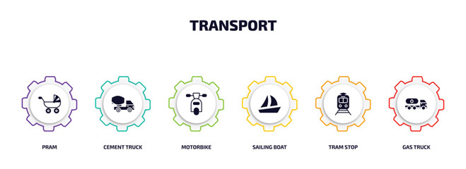 Poster - transport infographic element with filled icons and 6 step or option. transport icons such as pram, cement truck, motorbike, sailing boat, tram stop, gas truck vector.