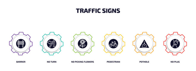 Wall Mural - traffic signs infographic element with filled icons and 6 step or option. traffic signs icons such as barrier, no turn, no picking flowers, pedestrian, pothole, no plug vector.