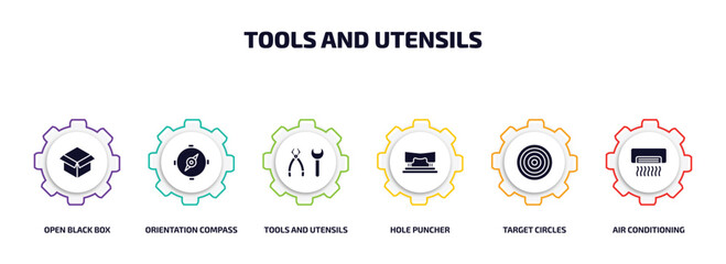 Poster - tools and utensils infographic element with filled icons and 6 step or option. tools and utensils icons such as open black box, orientation compass, tools utensils, hole puncher, target circles, air