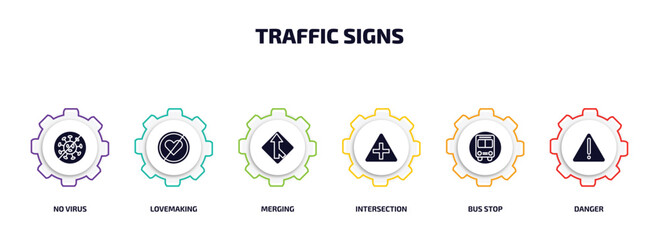 Aufkleber - traffic signs infographic element with filled icons and 6 step or option. traffic signs icons such as no virus, lovemaking, merging, intersection, bus stop, danger vector.