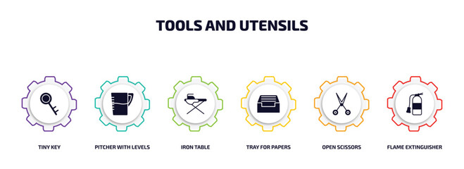 Poster - tools and utensils infographic element with filled icons and 6 step or option. tools and utensils icons such as tiny key, pitcher with levels, iron table, tray for papers, open scissors, flame