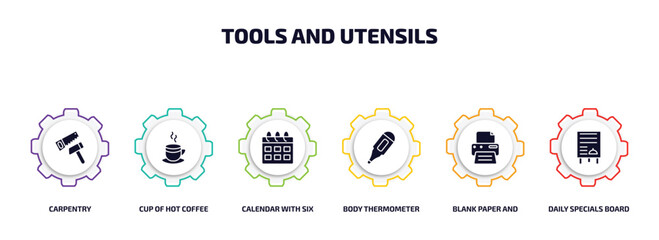 Poster - tools and utensils infographic element with filled icons and 6 step or option. tools and utensils icons such as carpentry, cup of hot coffee, calendar with six days, body thermometer, blank paper