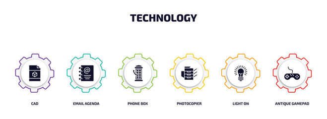 Poster - technology infographic element with filled icons and 6 step or option. technology icons such as cad, email agenda, phone box, photocopier, light on, antique gamepad vector.