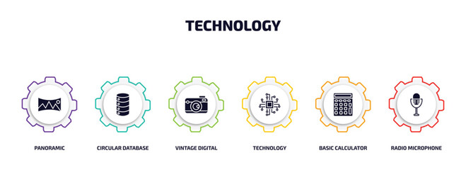 Poster - technology infographic element with filled icons and 6 step or option. technology icons such as panoramic, circular database, vintage digital camera, technology, basic calculator, radio microphone