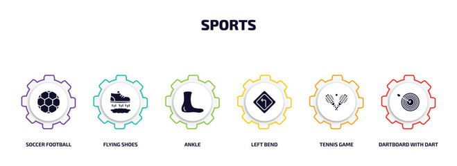 Poster - sports infographic element with filled icons and 6 step or option. sports icons such as soccer football ball, flying shoes, ankle, left bend, tennis game, dartboard with dart vector.