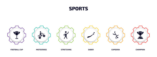 Poster - sports infographic element with filled icons and 6 step or option. sports icons such as football cup, motocross, stretching, saber, capoeira, champion vector.