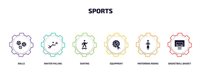 Poster - sports infographic element with filled icons and 6 step or option. sports icons such as balls, waiter falling, skating, equipment, motorbike riding, basketball basket vector.
