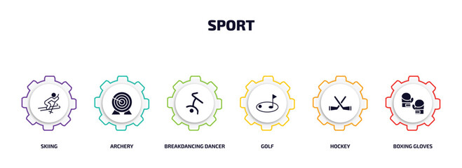 Poster - sport infographic element with filled icons and 6 step or option. sport icons such as skiing, archery, breakdancing dancer, golf, hockey, boxing gloves vector.
