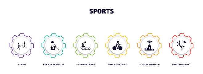 Poster - sports infographic element with filled icons and 6 step or option. sports icons such as boxing, person riding on sleigh, swimming jump, man riding bike, podium with cup, man losing hat vector.