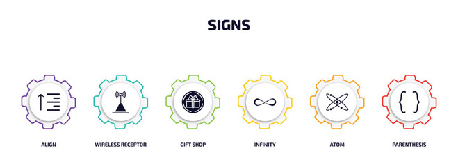 Poster - signs infographic element with filled icons and 6 step or option. signs icons such as align, wireless receptor, gift shop, infinity, atom, parenthesis vector.