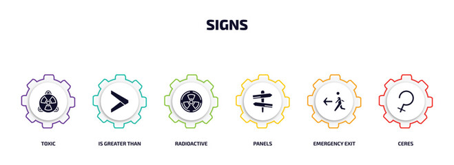 Aufkleber - signs infographic element with filled icons and 6 step or option. signs icons such as toxic, is greater than, radioactive, panels, emergency exit, ceres vector.