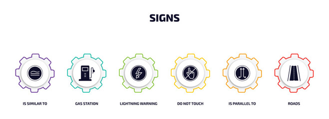 Poster - signs infographic element with filled icons and 6 step or option. signs icons such as is similar to, gas station, lightning warning, do not touch, is parallel to, roads vector.